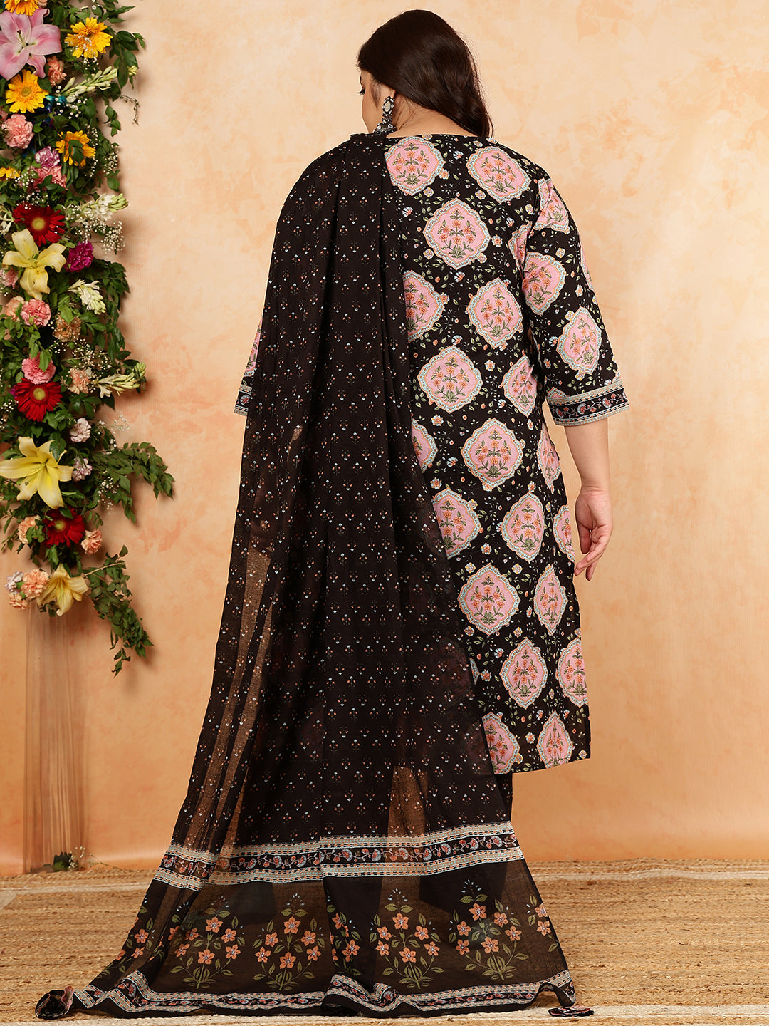 Cotton Calf Length Printed Straight 3/4 Sleeves V-Neck Kurta, Bottom With Dupatta
