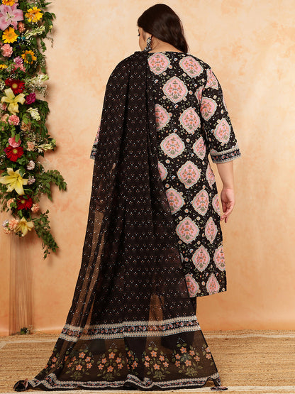 Cotton Calf Length Printed Straight 3/4 Sleeves V-Neck Kurta, Bottom With Dupatta