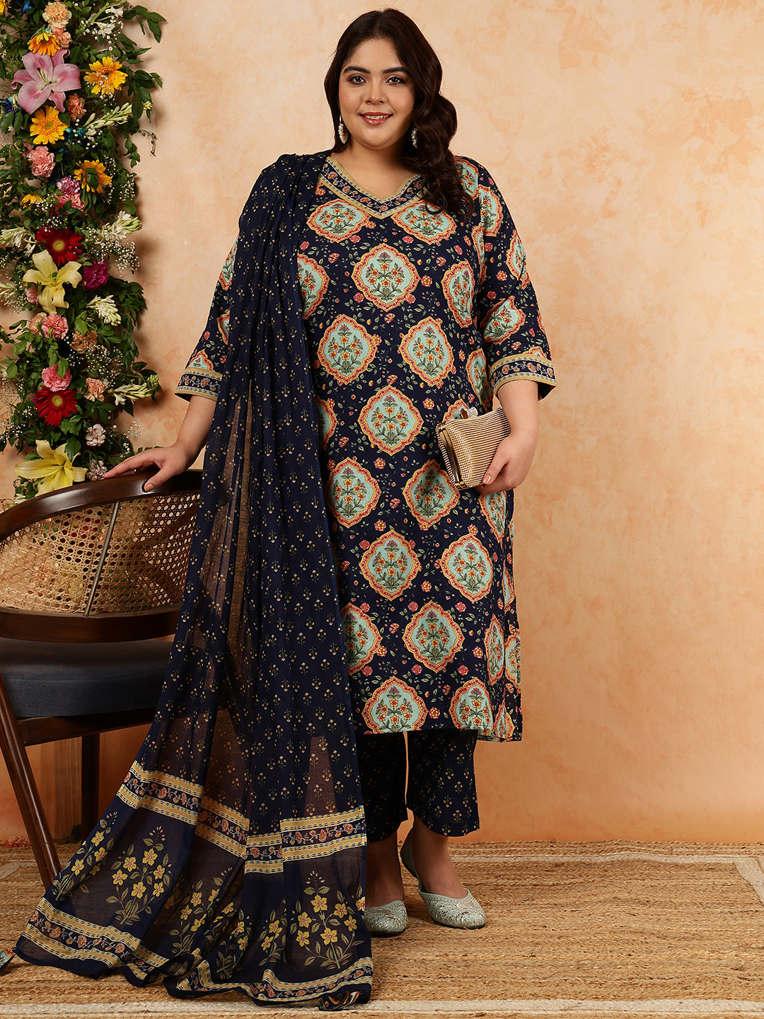 Cotton Calf Length Printed Straight 3/4 Sleeves V-Neck Kurta, Bottom With Dupatta