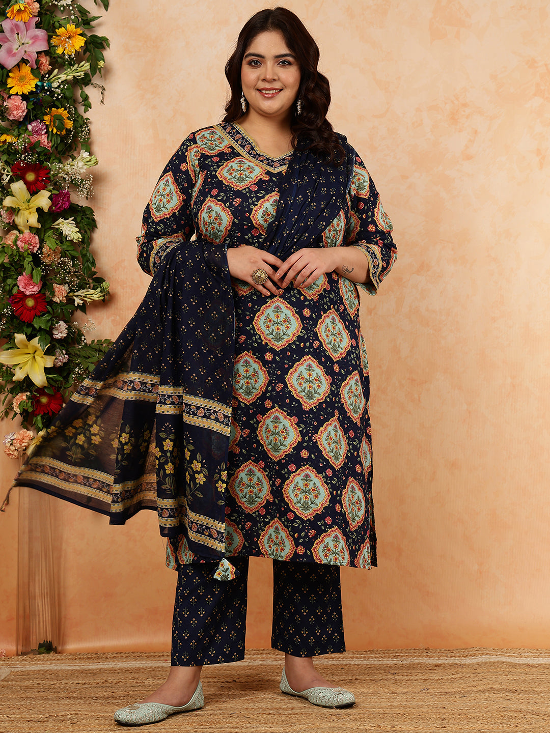 Cotton Calf Length Printed Straight 3/4 Sleeves V-Neck Kurta, Bottom With Dupatta