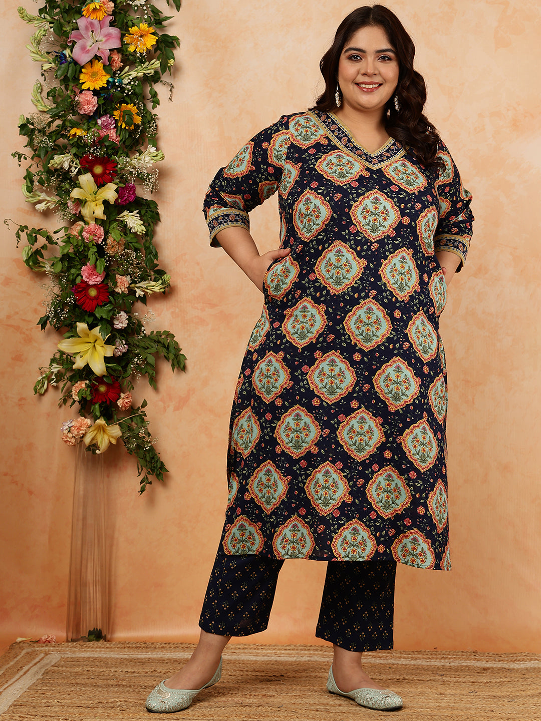 Cotton Calf Length Printed Straight 3/4 Sleeves V-Neck Kurta, Bottom With Dupatta