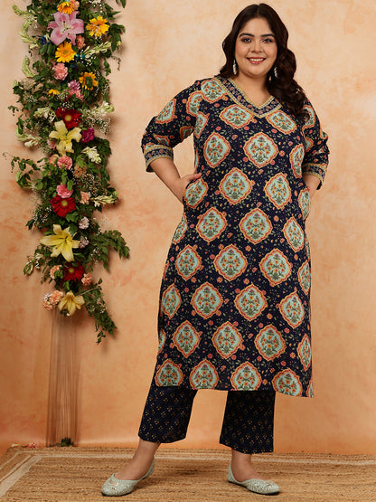 Cotton Calf Length Printed Straight 3/4 Sleeves V-Neck Kurta, Bottom With Dupatta
