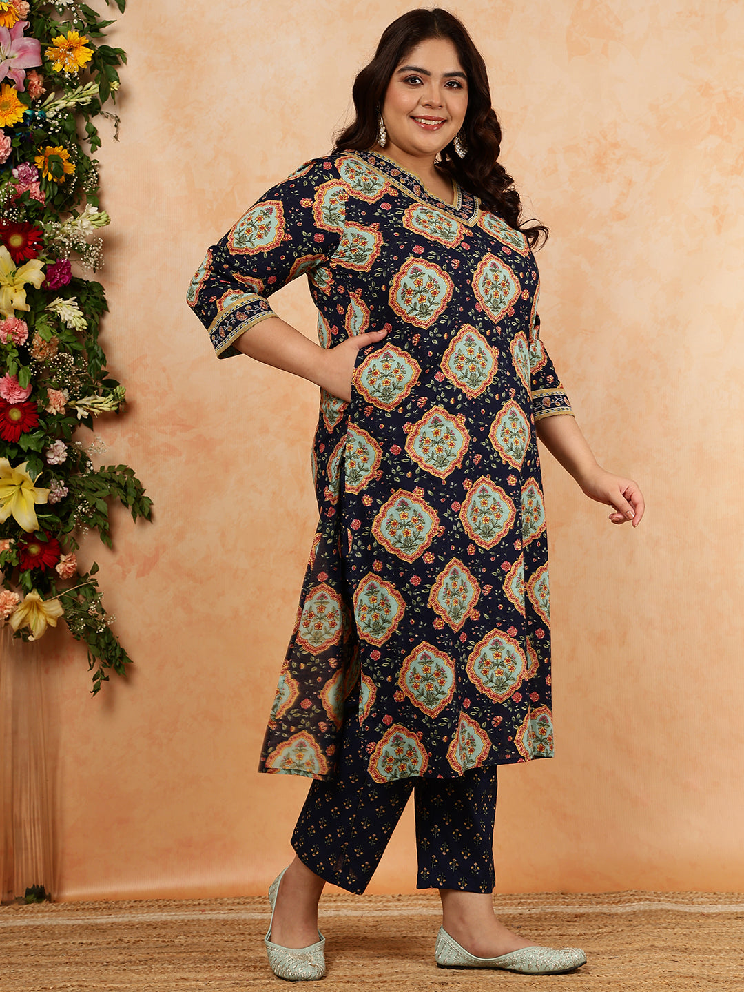 Cotton Calf Length Printed Straight 3/4 Sleeves V-Neck Kurta, Bottom With Dupatta