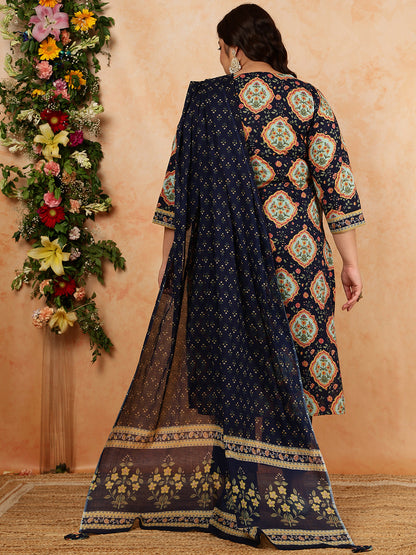 Cotton Calf Length Printed Straight 3/4 Sleeves V-Neck Kurta, Bottom With Dupatta