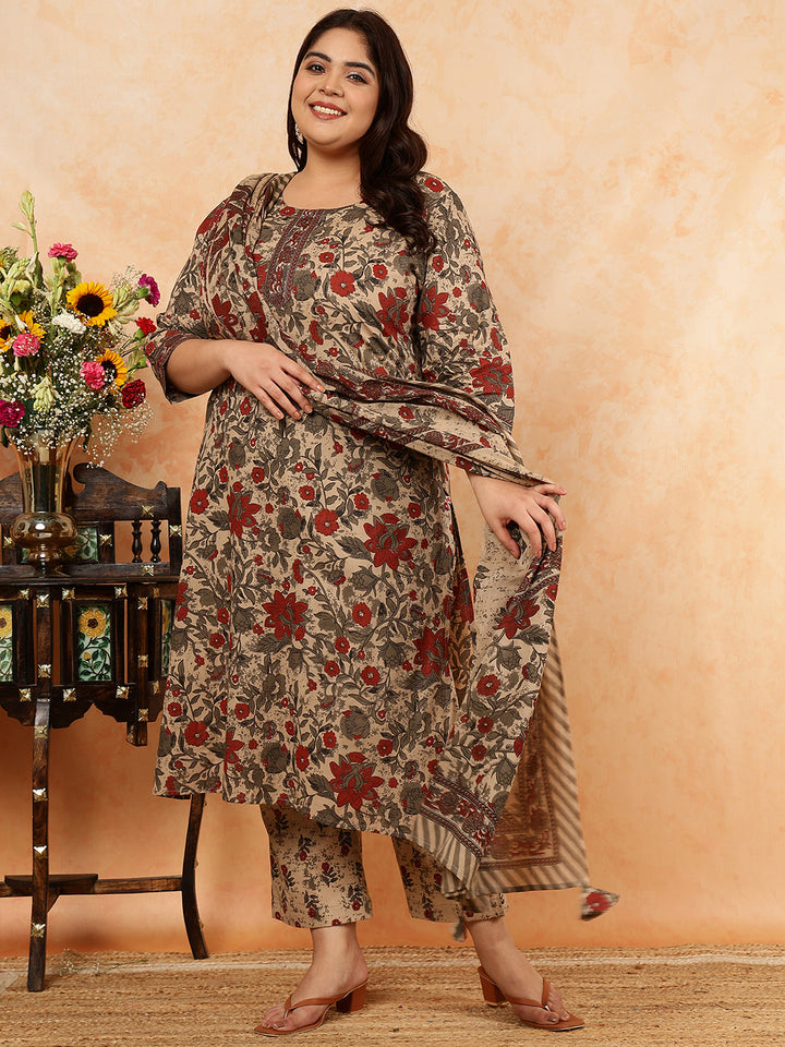 Cotton Calf Length Printed Straight 3/4 Sleeves Round Kurta, Bottom With Dupatta