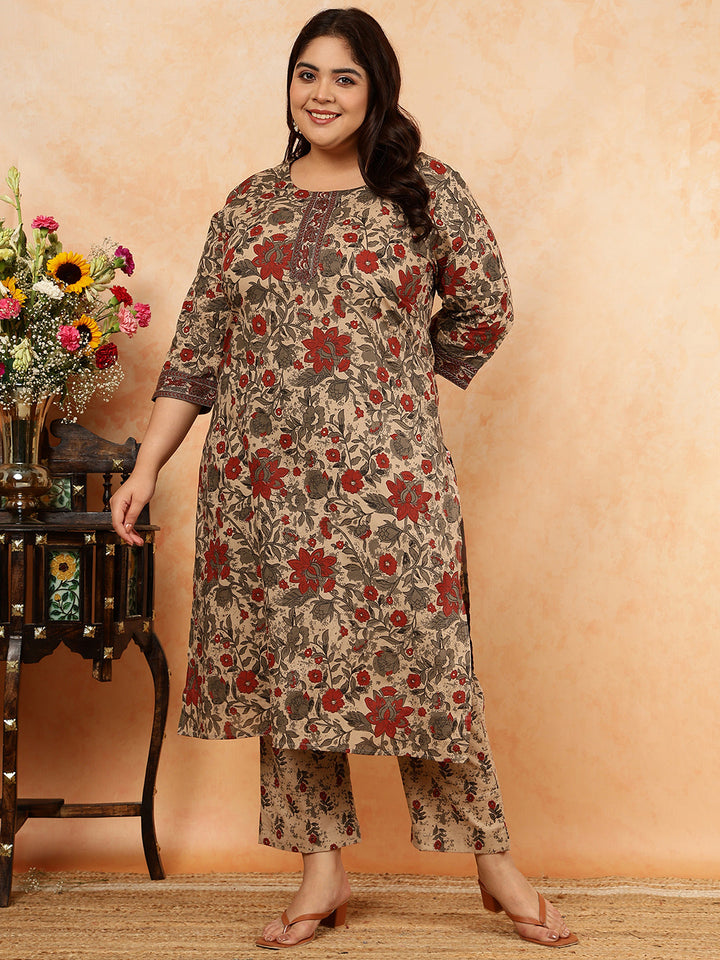 Cotton Calf Length Printed Straight 3/4 Sleeves Round Kurta, Bottom With Dupatta