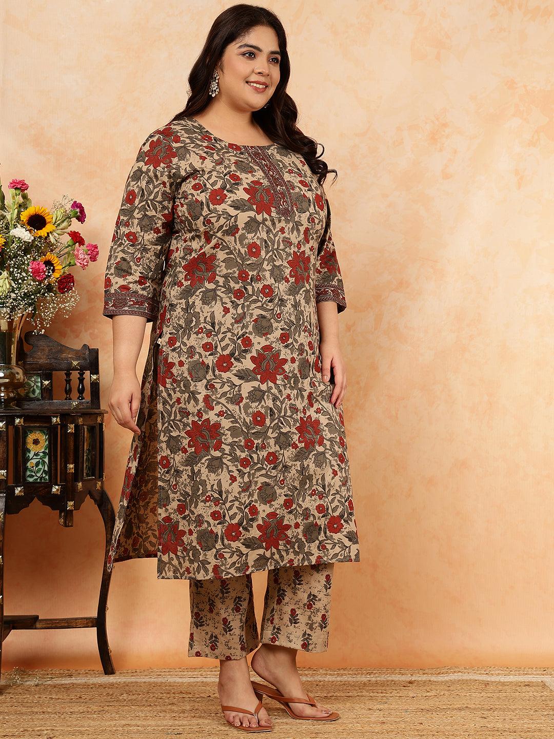 Cotton Calf Length Printed Straight 3/4 Sleeves Round Kurta, Bottom With Dupatta