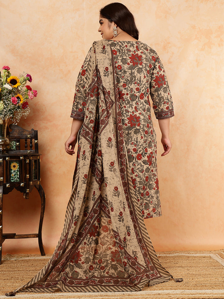 Cotton Calf Length Printed Straight 3/4 Sleeves Round Kurta, Bottom With Dupatta