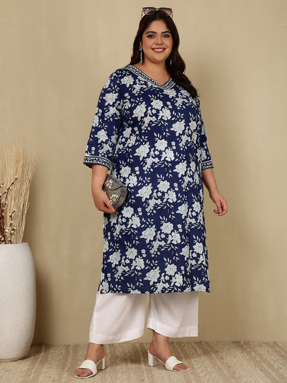 Cotton Calf Length Printed Straight 3/4 Sleeves V-Neck Kurta