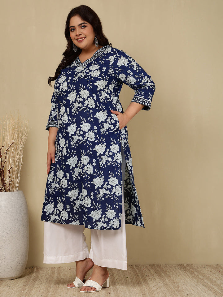 Cotton Calf Length Printed Straight 3/4 Sleeves V-Neck Kurta