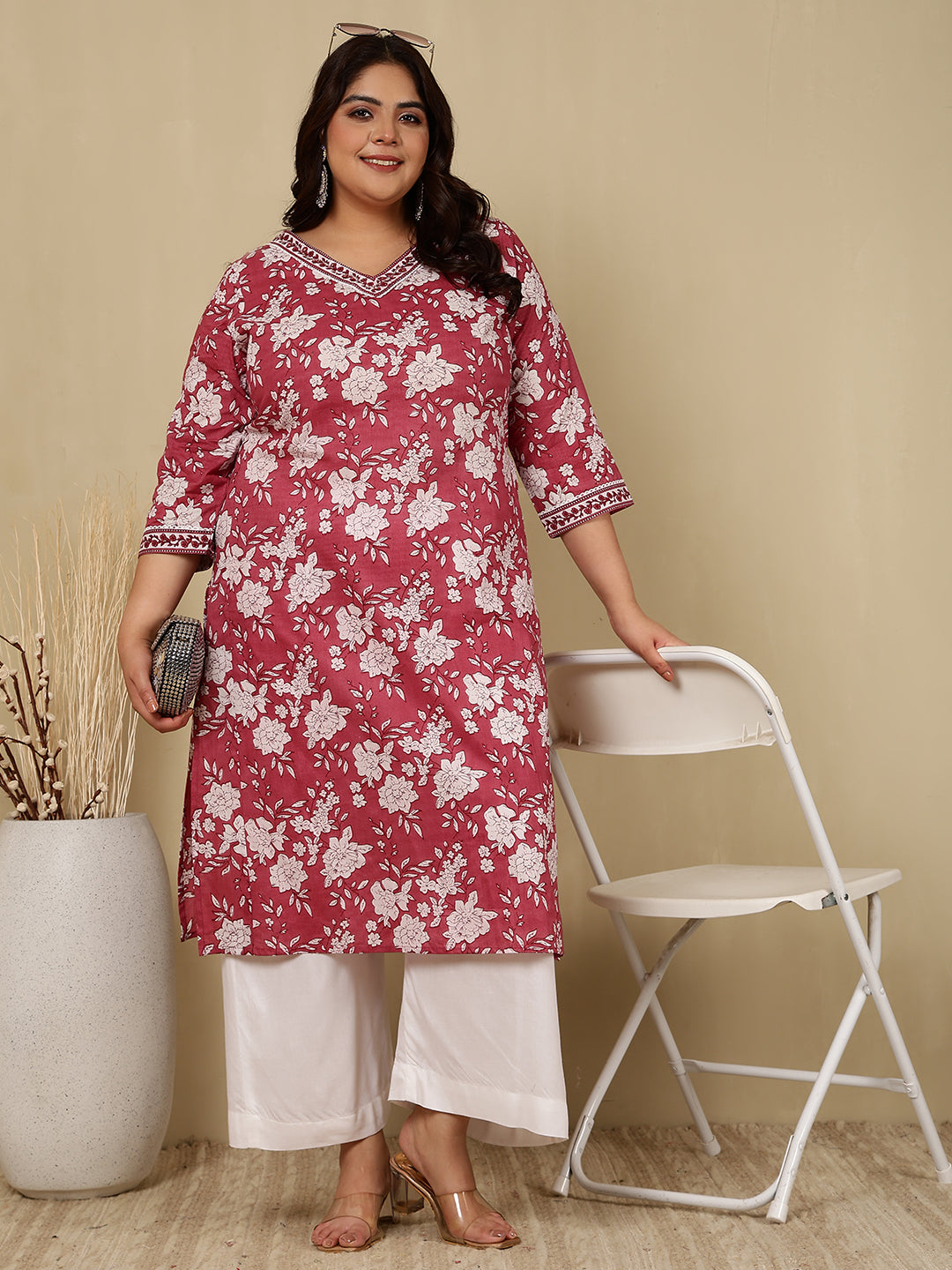 Cotton Calf Length Printed Straight 3/4 Sleeves V-Neck Kurta