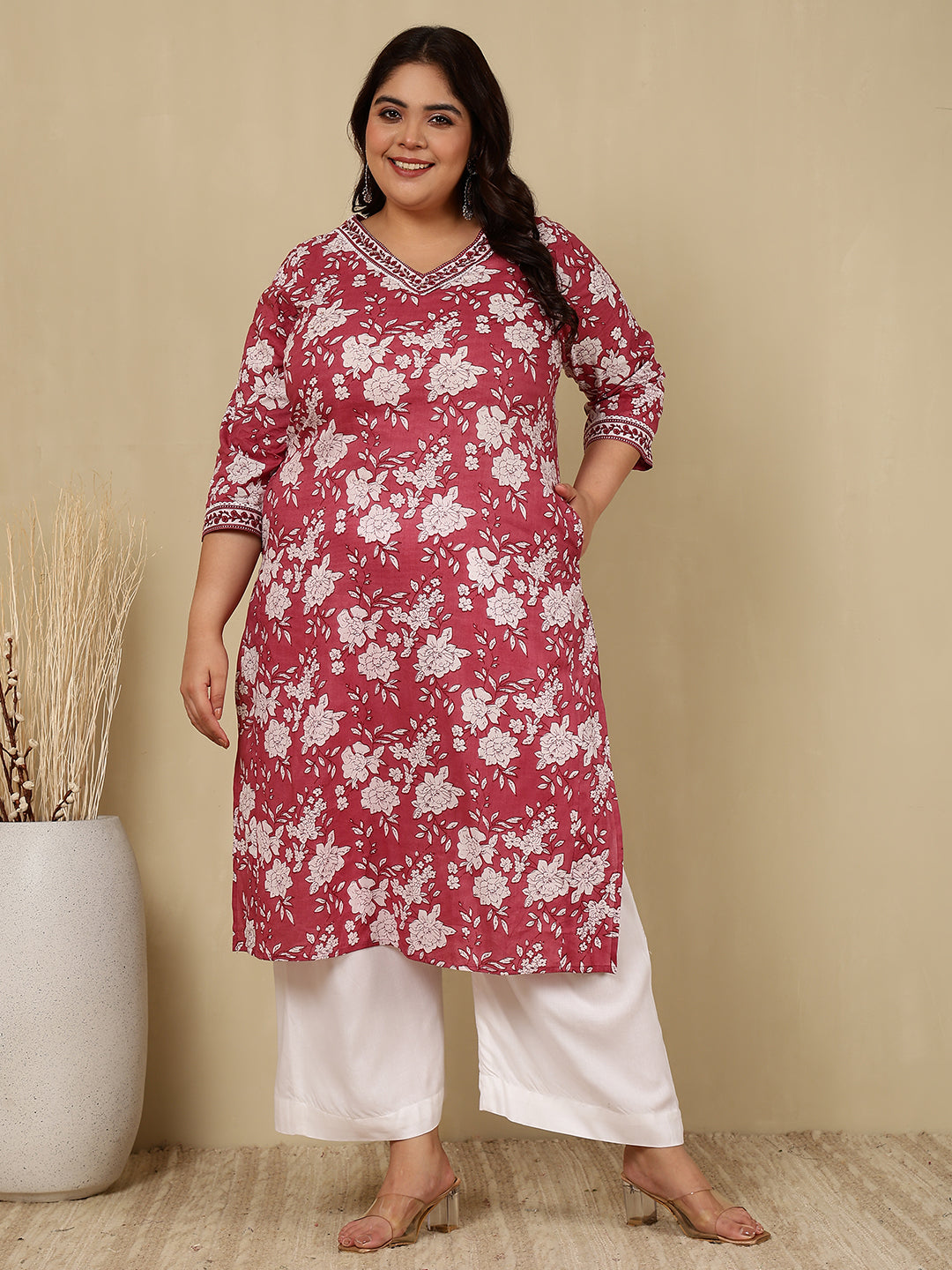 Cotton Calf Length Printed Straight 3/4 Sleeves V-Neck Kurta