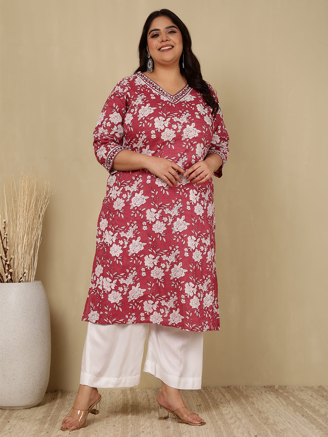 Cotton Calf Length Printed Straight 3/4 Sleeves V-Neck Kurta