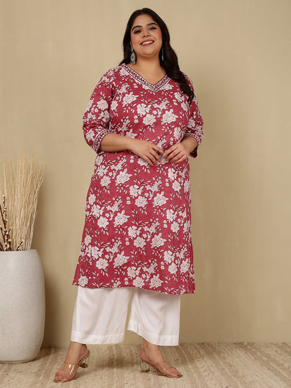 Cotton Calf Length Printed Straight 3/4 Sleeves V-Neck Kurta