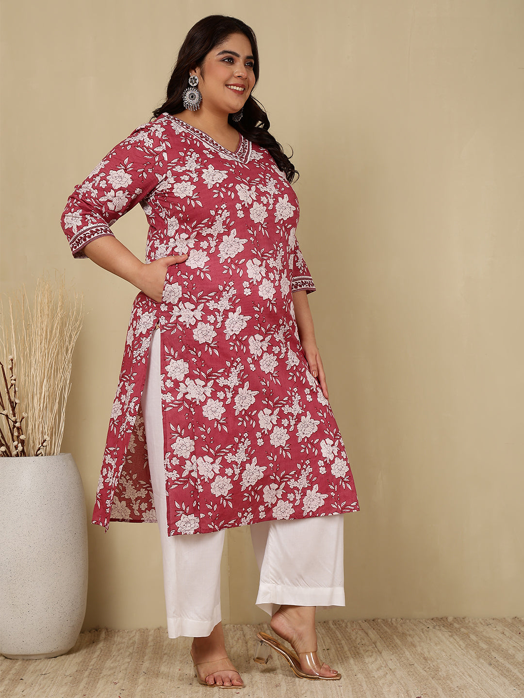 Cotton Calf Length Printed Straight 3/4 Sleeves V-Neck Kurta