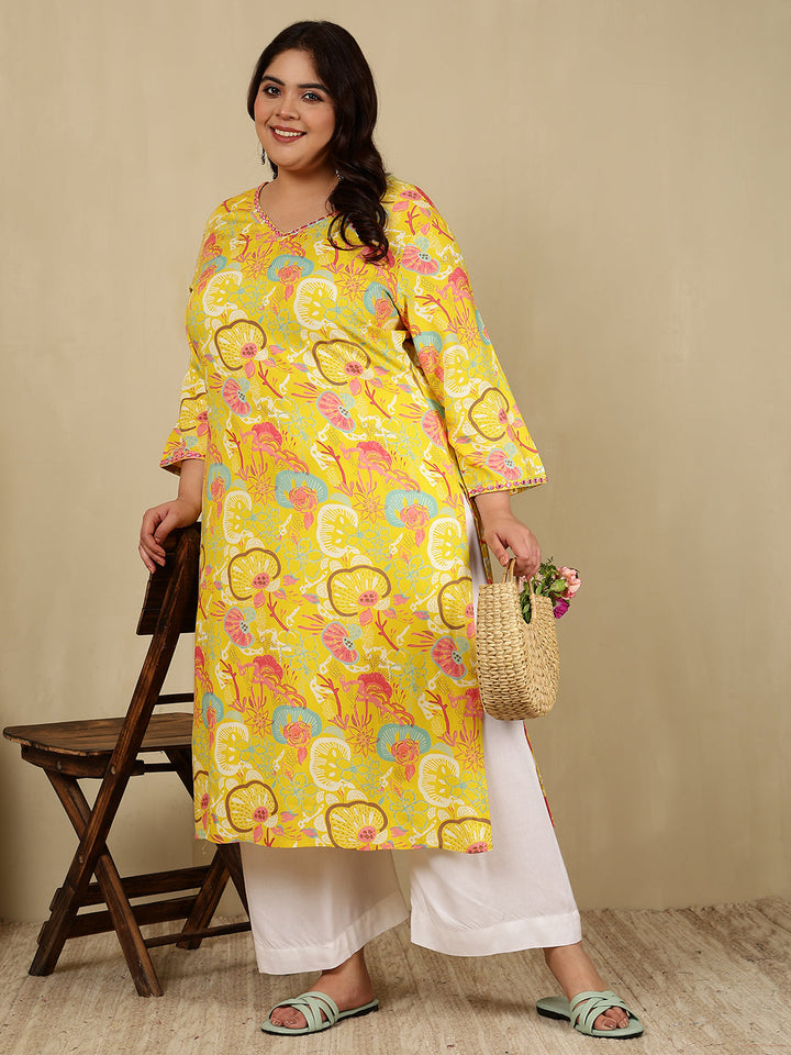 Rayon  Calf Length Printed Straight 3/4 Sleeves V-Neck Kurta