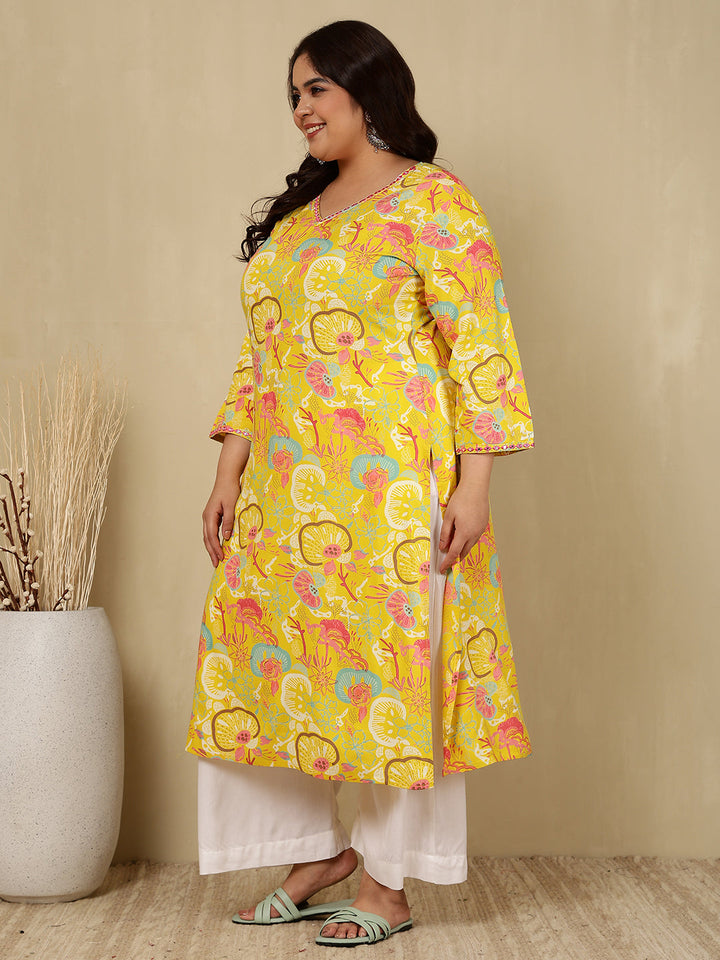 Rayon  Calf Length Printed Straight 3/4 Sleeves V-Neck Kurta