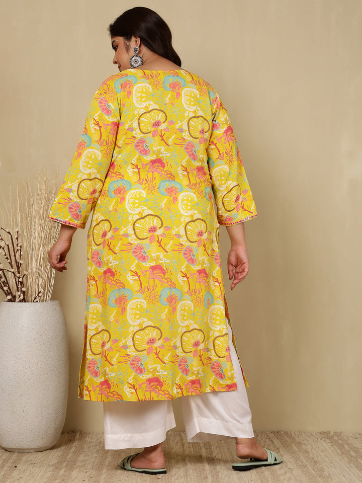 Rayon  Calf Length Printed Straight 3/4 Sleeves V-Neck Kurta