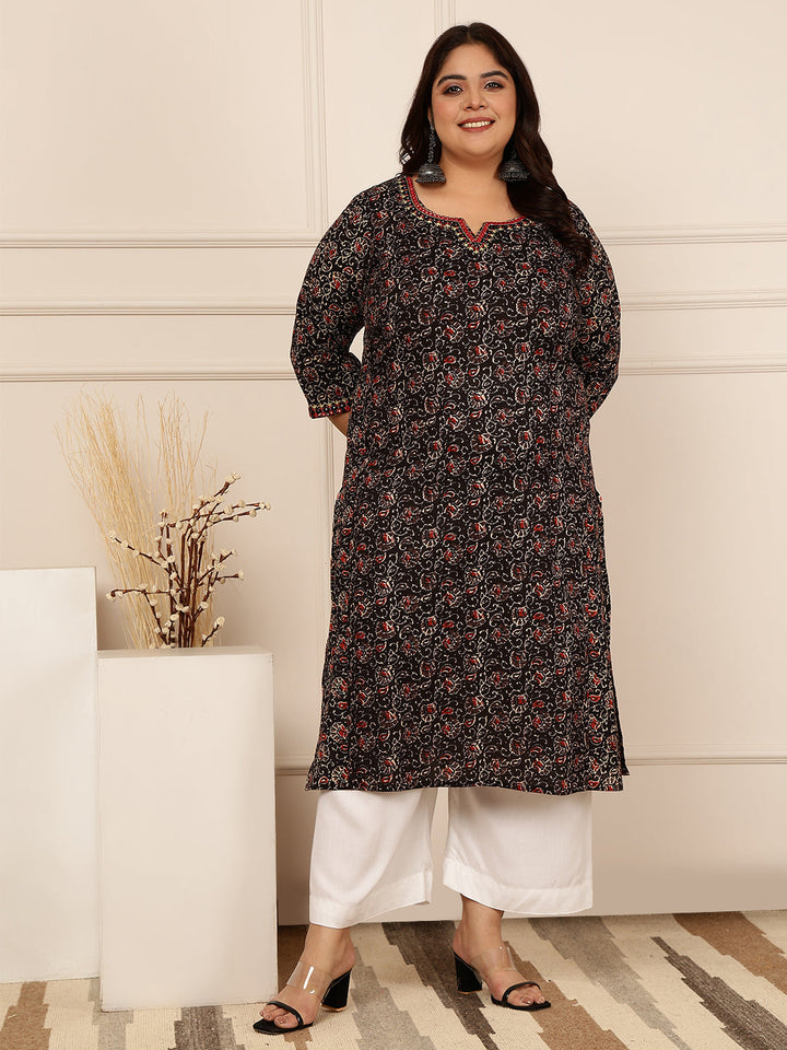 Cotton Calf Length Printed Straight 3/4 Sleeves Round Kurta