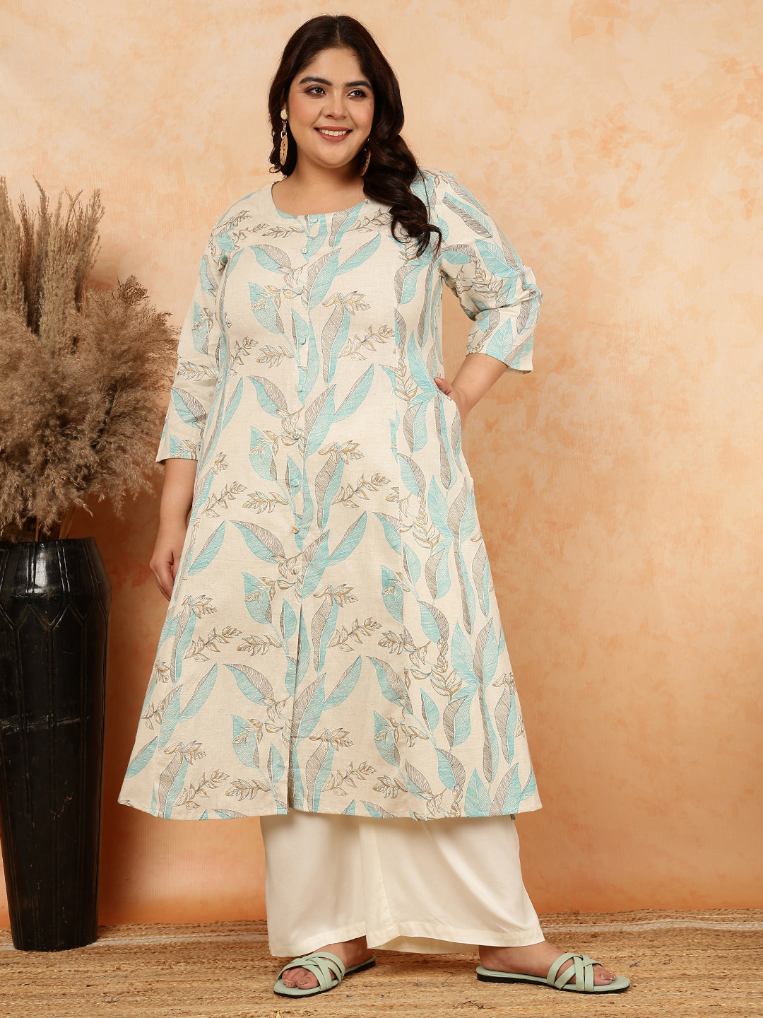 Cotton Flex Calf Length Printed A-Line 3/4 Sleeves Round Kurta