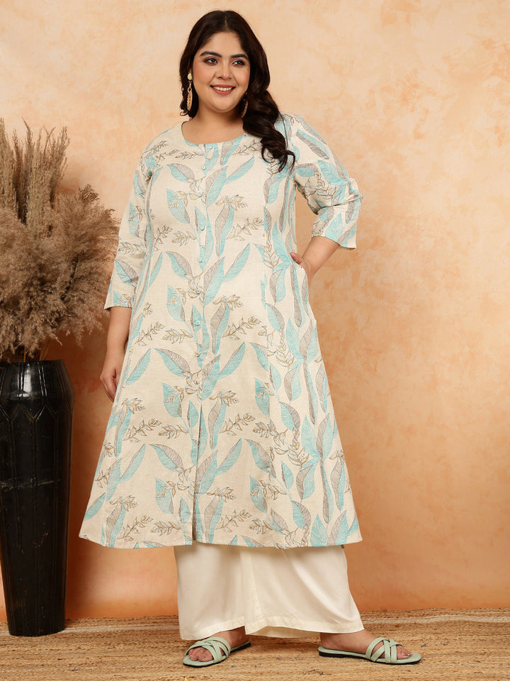 Cotton Flex Calf Length Printed A-Line 3/4 Sleeves Round Kurta