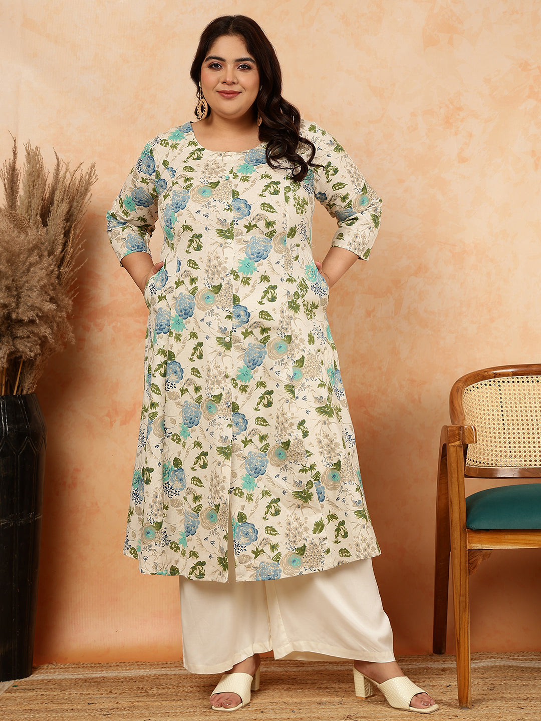 Cotton Flex Calf Length Printed A-Line 3/4 Sleeves Round Kurta