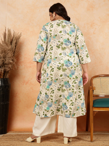 Cotton Flex Calf Length Printed A-Line 3/4 Sleeves Round Kurta