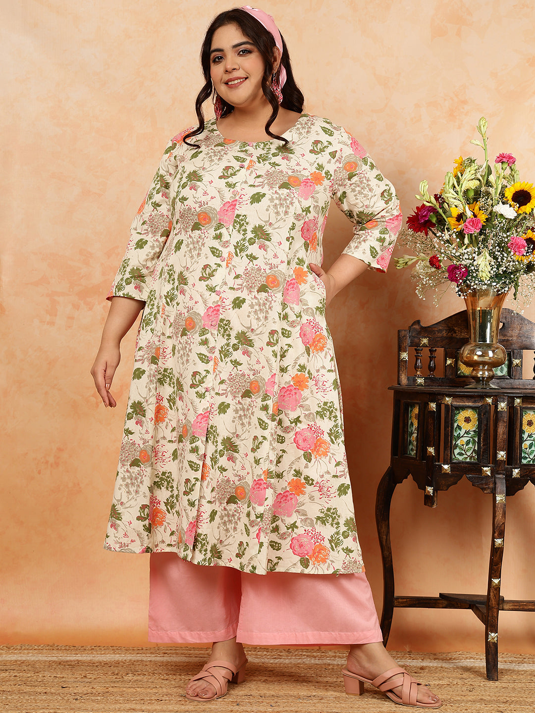Cotton Flex Calf Length Printed A-Line 3/4 Sleeves Round Kurta