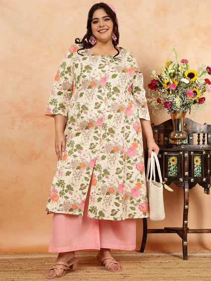 Cotton Flex Calf Length Printed A-Line 3/4 Sleeves Round Kurta
