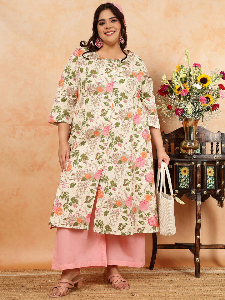 Cotton Flex Calf Length Printed A-Line 3/4 Sleeves Round Kurta