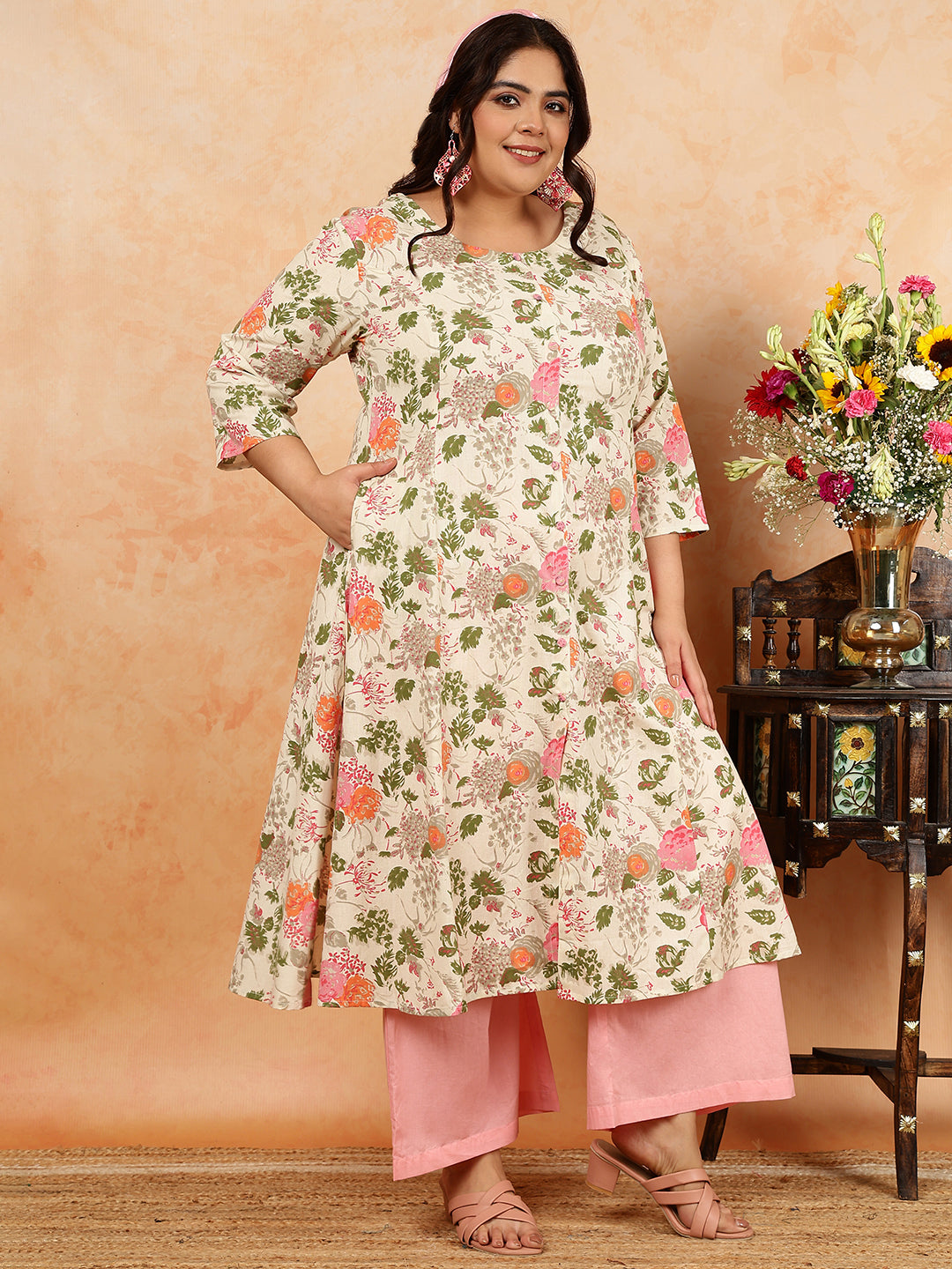 Cotton Flex Calf Length Printed A-Line 3/4 Sleeves Round Kurta