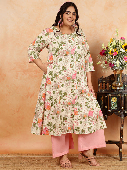 Cotton Flex Calf Length Printed A-Line 3/4 Sleeves Round Kurta