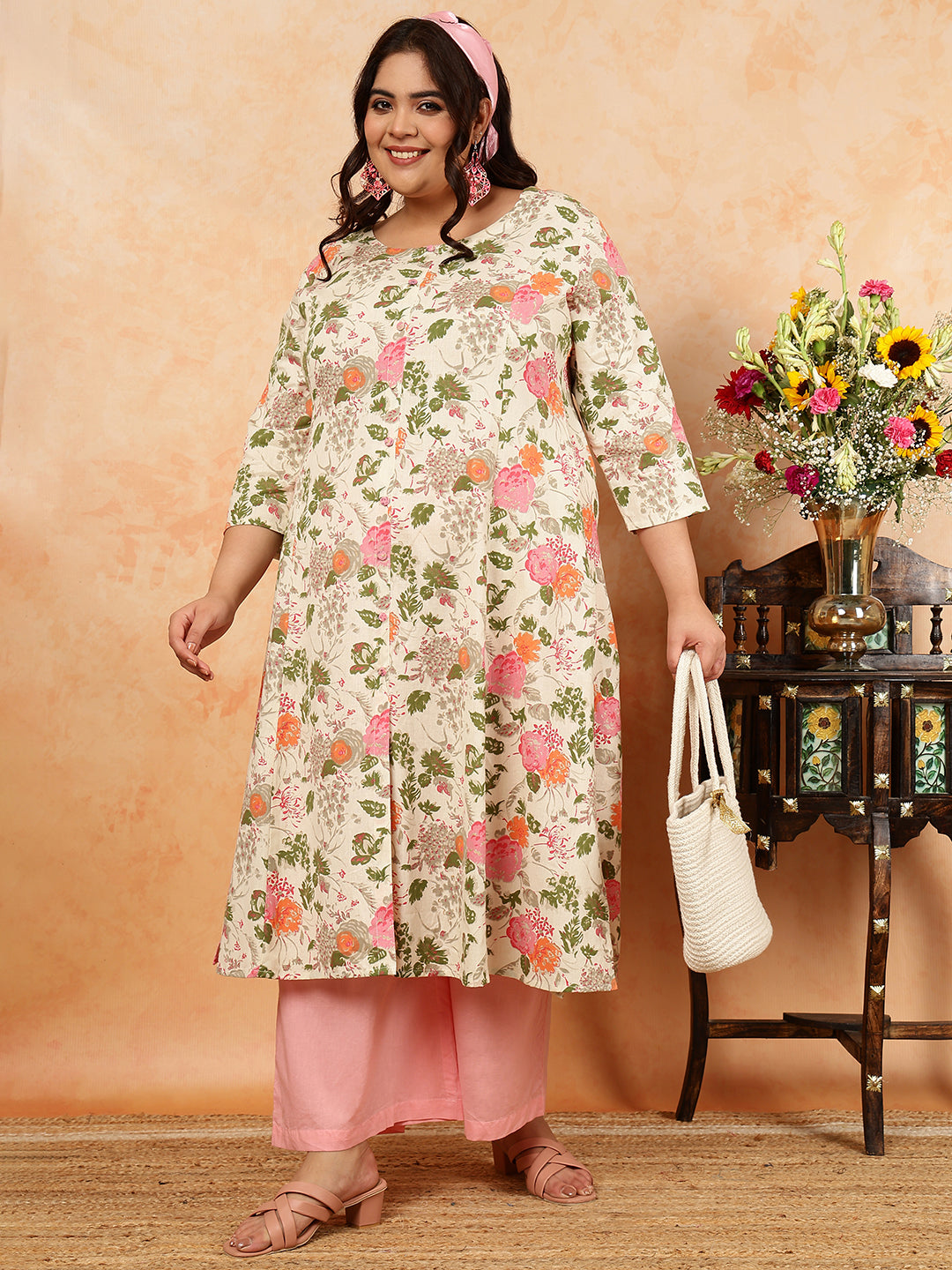 Cotton Flex Calf Length Printed A-Line 3/4 Sleeves Round Kurta