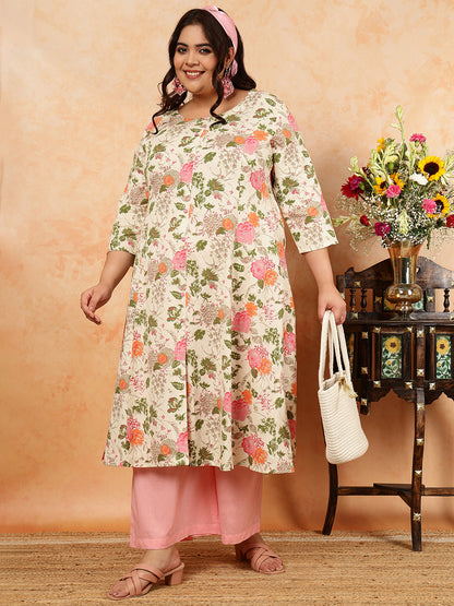 Cotton Flex Calf Length Printed A-Line 3/4 Sleeves Round Kurta