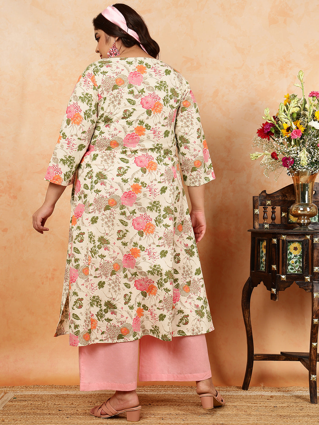 Cotton Flex Calf Length Printed A-Line 3/4 Sleeves Round Kurta