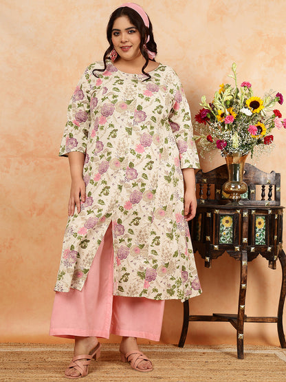 Cotton Flex Calf Length Printed A-Line 3/4 Sleeves Round Kurta
