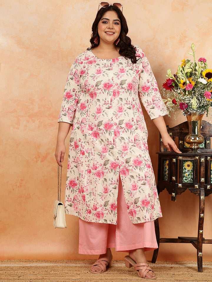 Cotton Flex Calf Length Printed A-Line 3/4 Sleeves Round Kurta