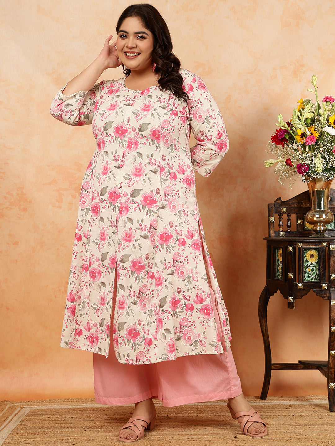 Cotton Flex Calf Length Printed A-Line 3/4 Sleeves Round Kurta