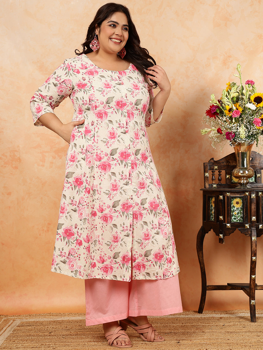 Cotton Flex Calf Length Printed A-Line 3/4 Sleeves Round Kurta
