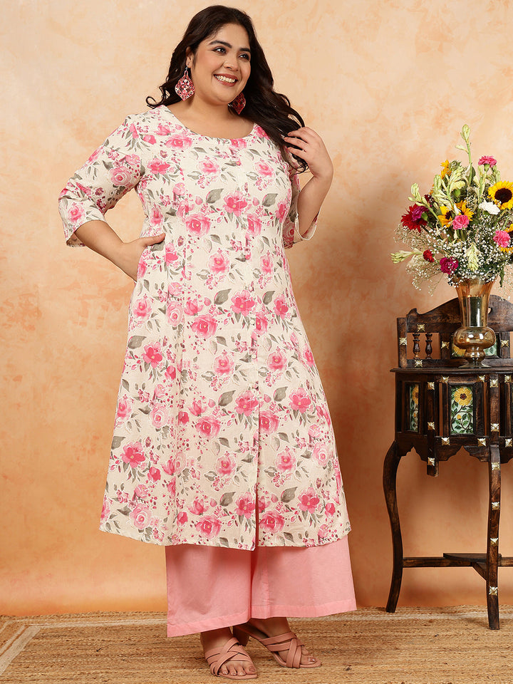 Cotton Flex Calf Length Printed A-Line 3/4 Sleeves Round Kurta