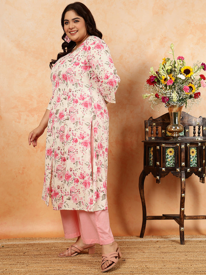 Cotton Flex Calf Length Printed A-Line 3/4 Sleeves Round Kurta