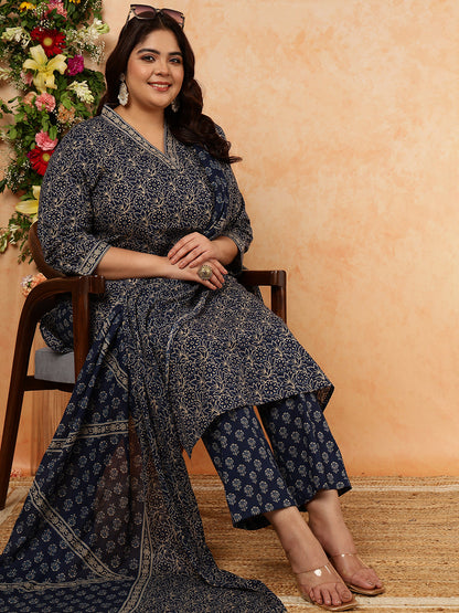 Cotton Calf Length Printed Straight 3/4 Sleeves V-Neck Kurta, Bottom With Dupatta