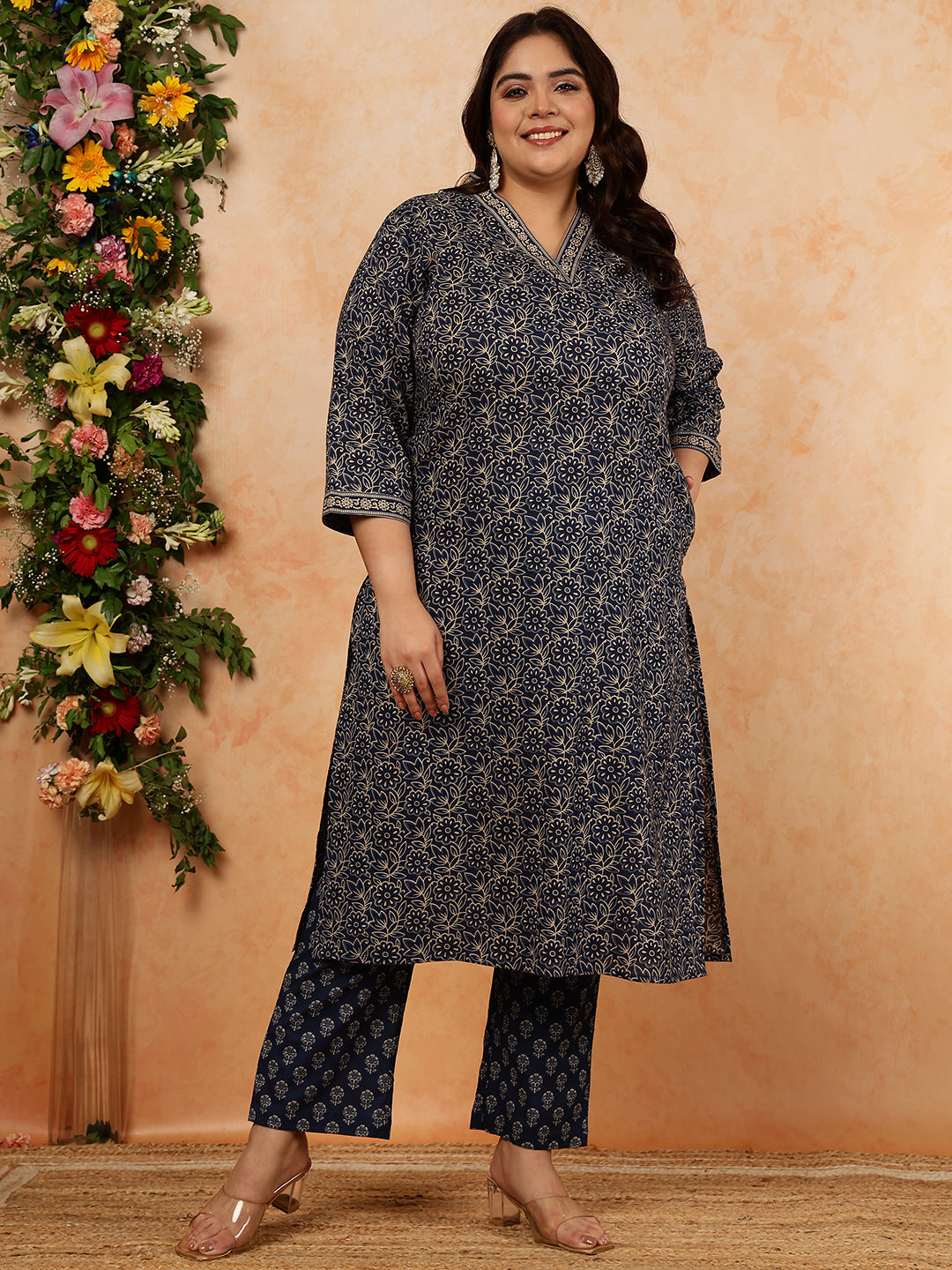 Cotton Calf Length Printed Straight 3/4 Sleeves V-Neck Kurta, Bottom With Dupatta (Preorder)