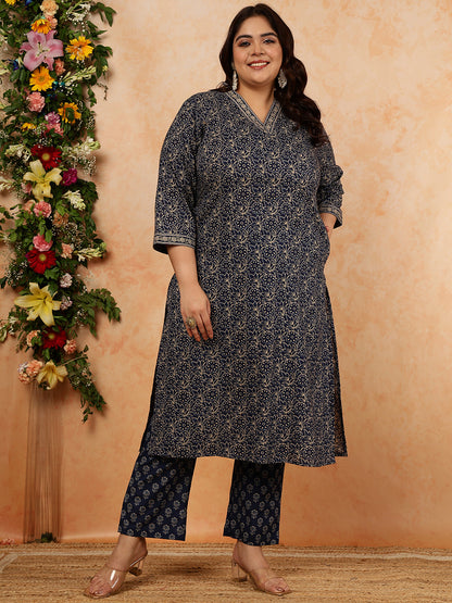 Cotton Calf Length Printed Straight 3/4 Sleeves V-Neck Kurta, Bottom With Dupatta