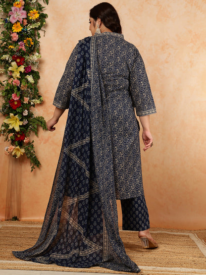 Cotton Calf Length Printed Straight 3/4 Sleeves V-Neck Kurta, Bottom With Dupatta