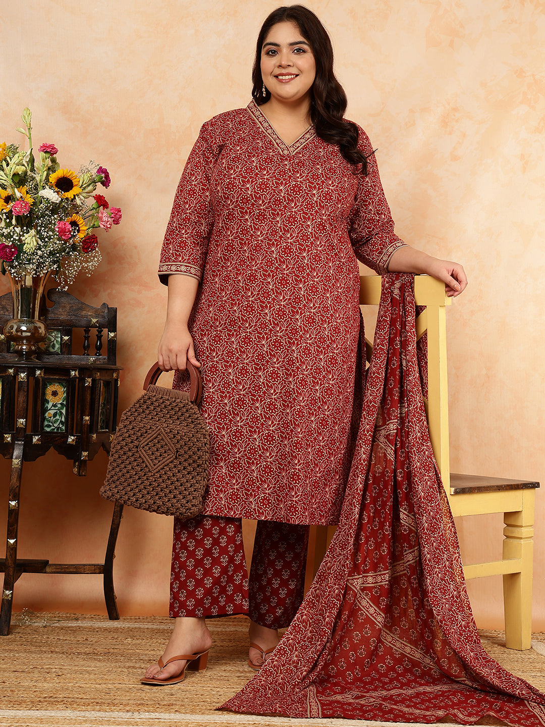 Cotton Calf Length Printed Straight 3/4 Sleeves V-Neck Kurta, Bottom With Dupatta (Preorder)