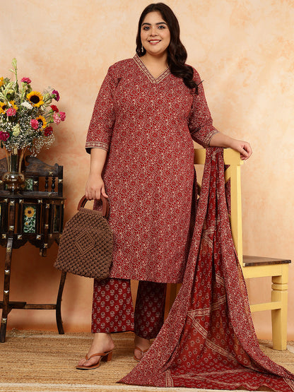 Cotton Calf Length Printed Straight 3/4 Sleeves V-Neck Kurta, Bottom With Dupatta (Preorder)