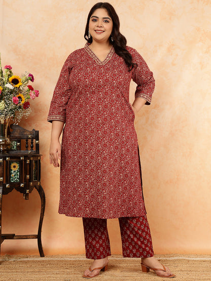 Cotton Calf Length Printed Straight 3/4 Sleeves V-Neck Kurta, Bottom With Dupatta (Preorder)