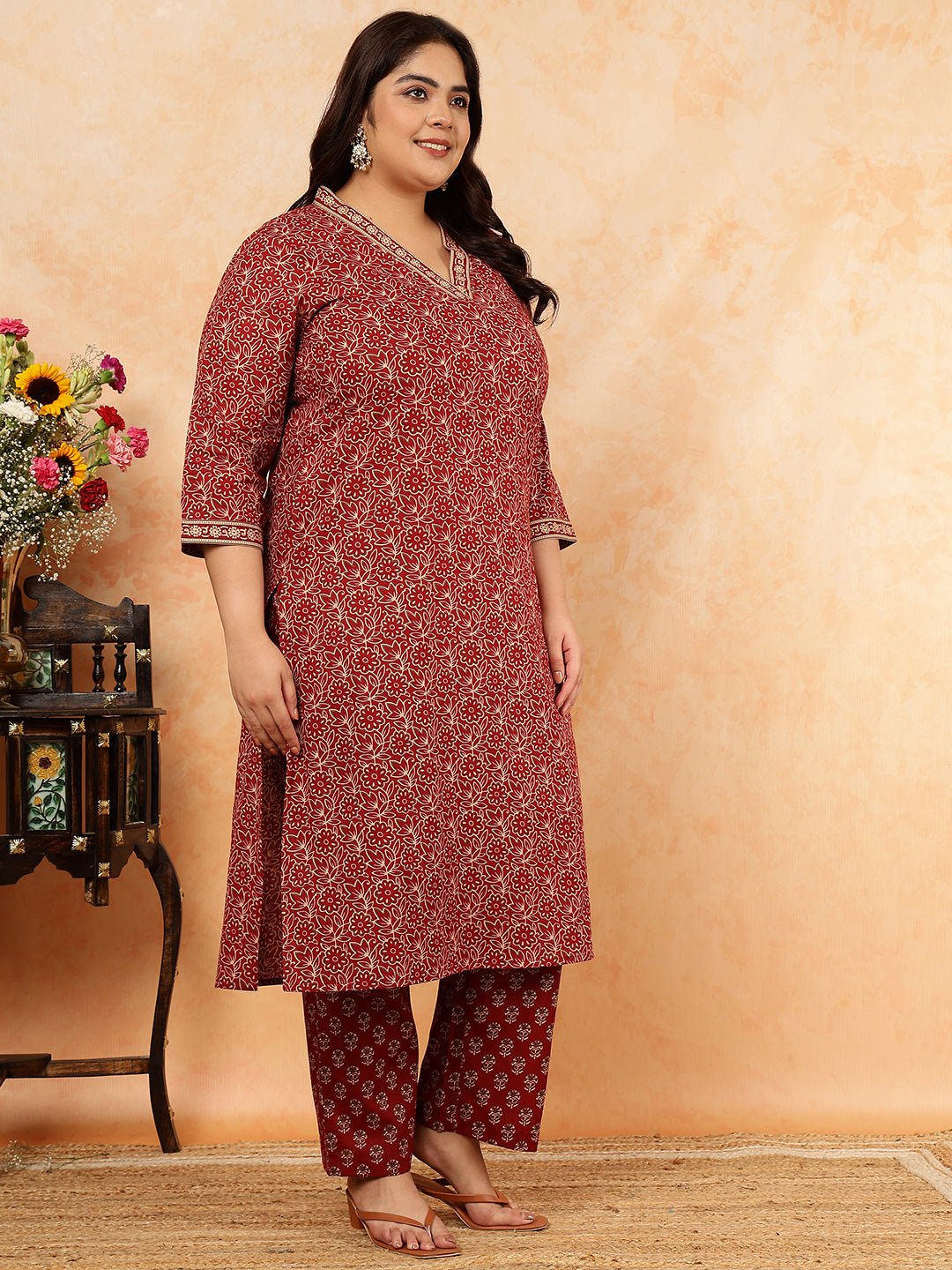 Cotton Calf Length Printed Straight 3/4 Sleeves V-Neck Kurta, Bottom With Dupatta (Preorder)