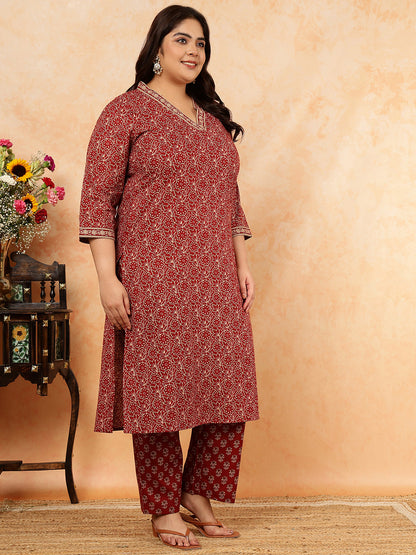Cotton Calf Length Printed Straight 3/4 Sleeves V-Neck Kurta, Bottom With Dupatta (Preorder)